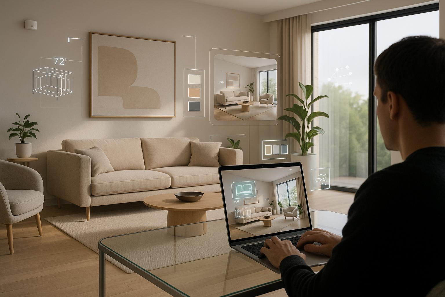 AI-powered interior design creation platform showcasing modern living room with smart technology integration